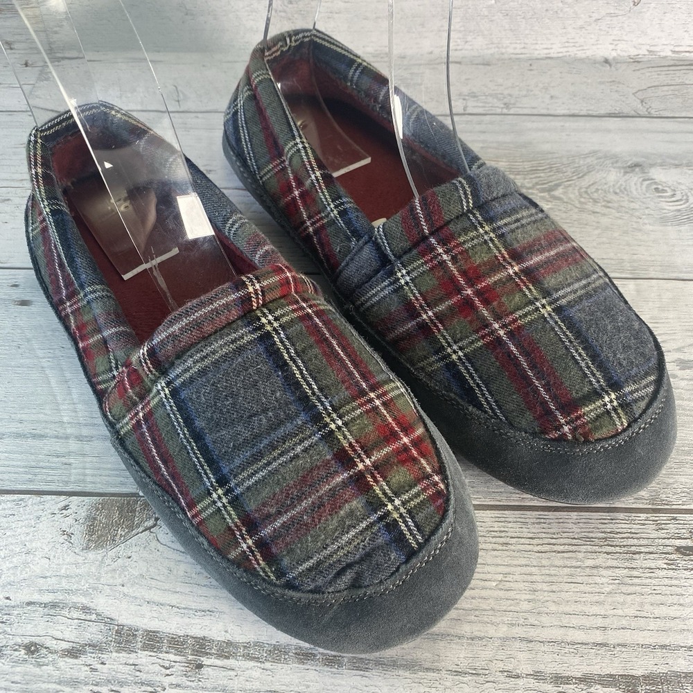 LL Bean Slippers Womens 7 M Gray Multi Plaid Wherever Faux Suede House Shoes